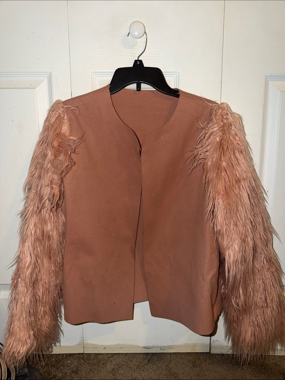 Womens Pink Faux-Fur Sleeve Jacket